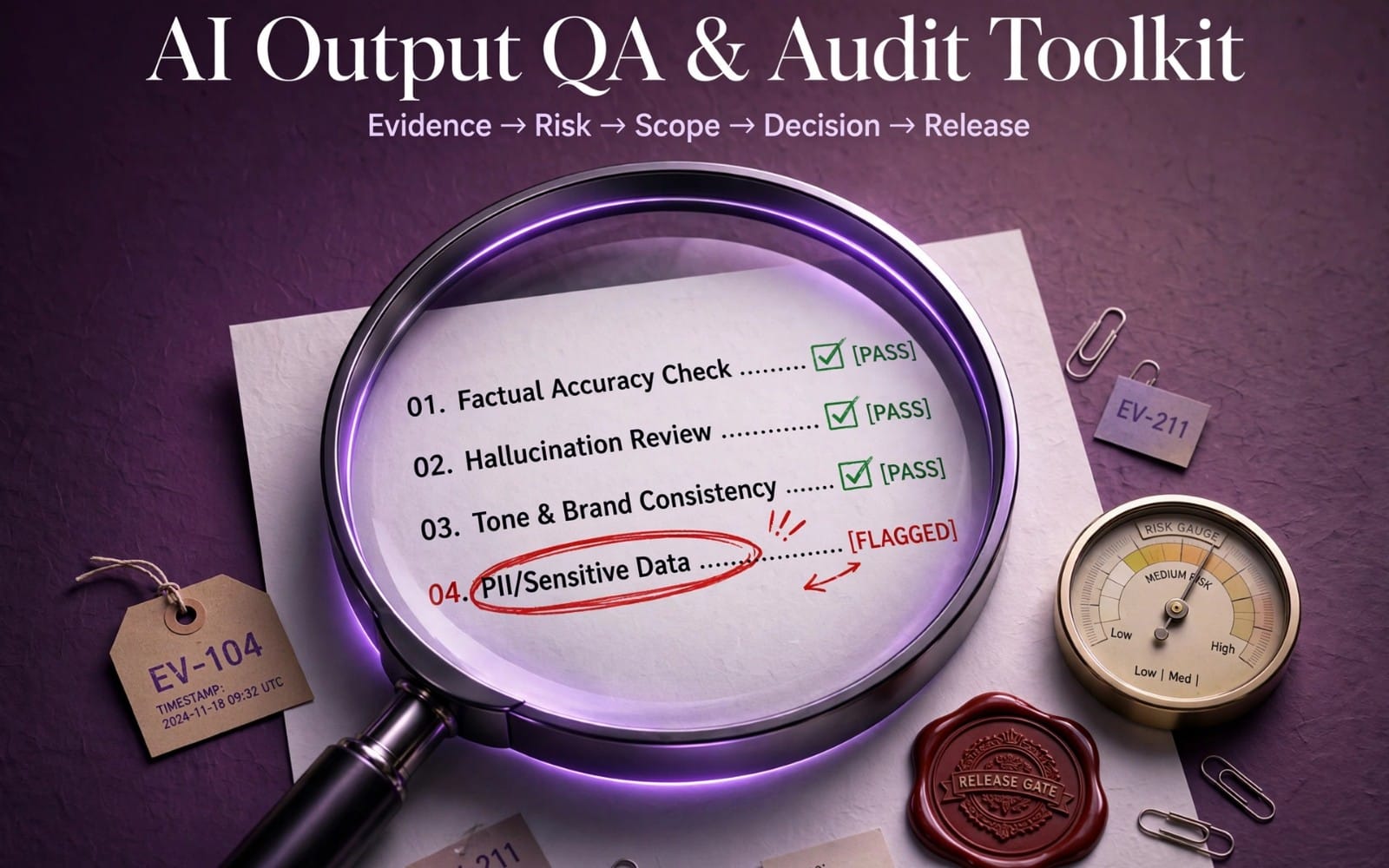 AI Output QA audit toolkit graphic with checklist, pass or flagged items, and risk gauge
