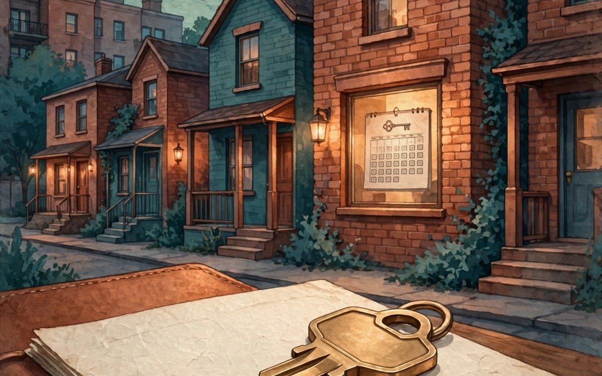 Illustrated rental property street scene with keys and a calendar, showing a rental arrears and management toolkit