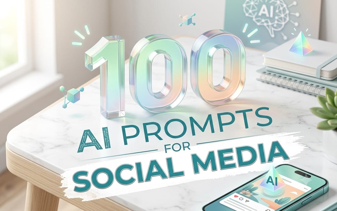 Digital AI prompt guide cover with 100 text, social media AI graphics, laptop and smartphone on desk