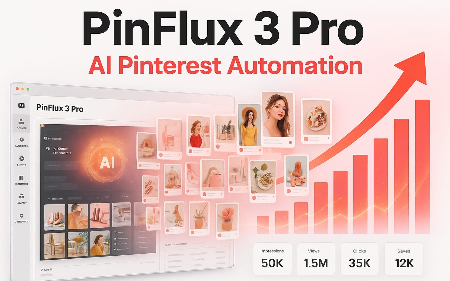 PinFlux 3 Pro AI Pinterest automation software banner with dashboard UI, pins gallery, and growth chart