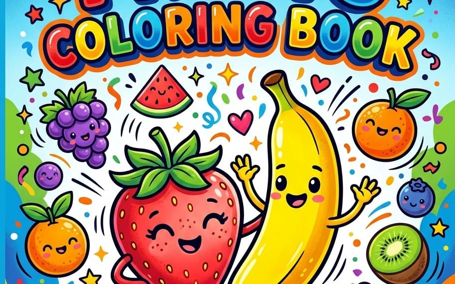 Coloring book cover with cute fruits like banana, strawberry, grapes, oranges, kiwi, and watermelon with cartoon doodles