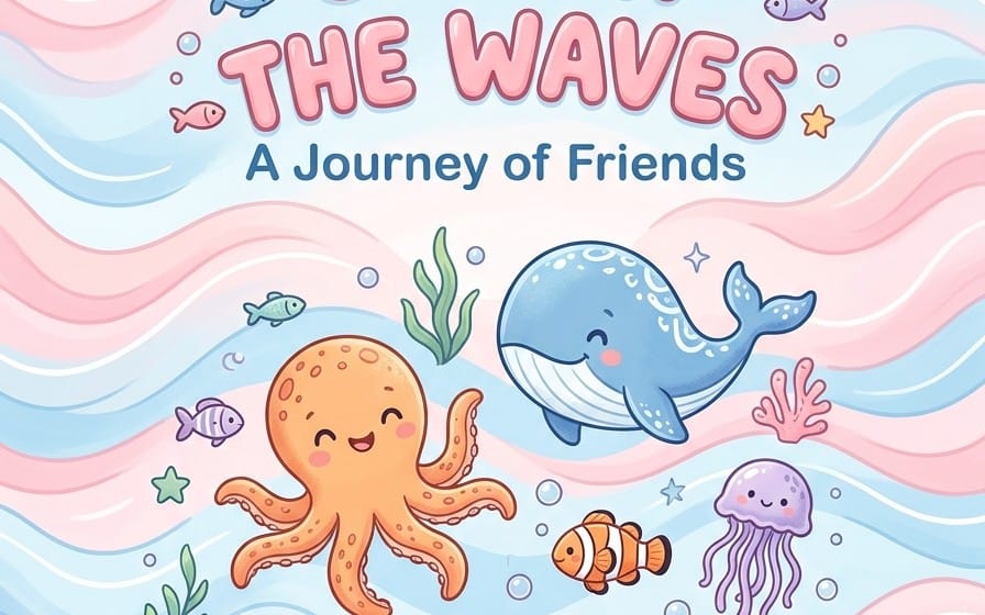 Kids animal coloring book cover with smiling whale, octopus, clownfish, jellyfish, and ocean bubbles and swirls