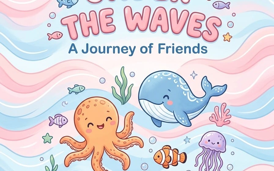 Underwater animals coloring book cover with whale, octopus, clownfish, and jellyfish for bundle Parts 1–3