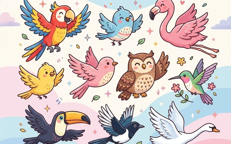 Whimsical birds illustration spread for an animals coloring book with colorful cartoon feathers and hearts