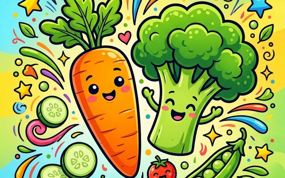 Coloring book cover featuring cute carrot, broccoli, and vegetables with fun doodle stars and confetti