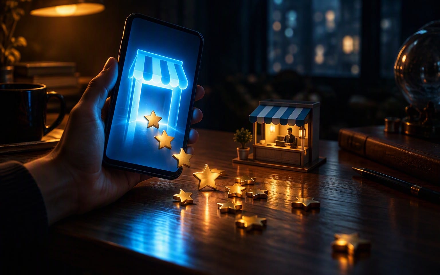 Hand holding a smartphone showing a storefront and stars, with a Telegram mini app starter kit concept scene