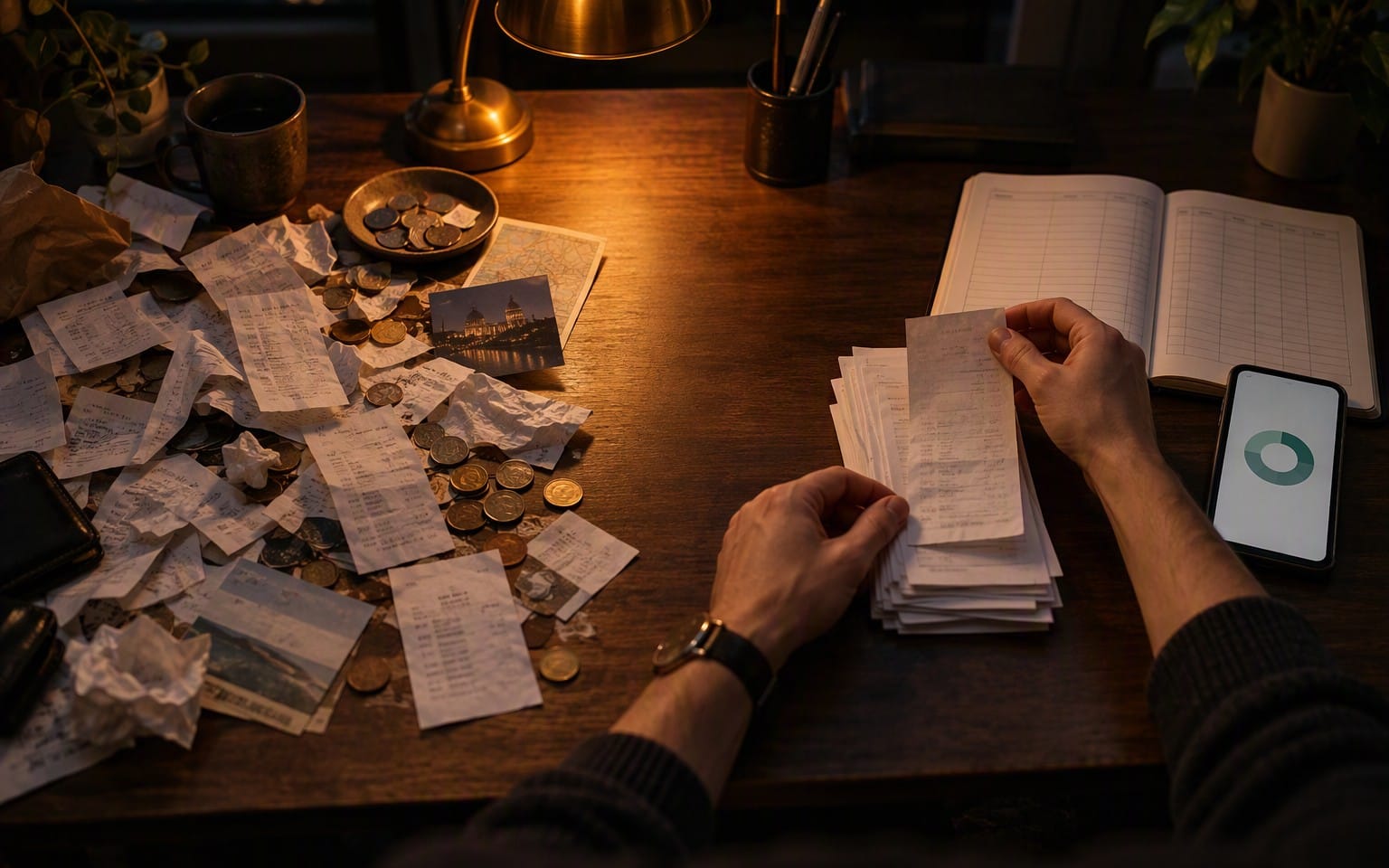 Hands managing printed invoices and coins on a desk, promoting a stablecoin freelancer finance kit digital bundle