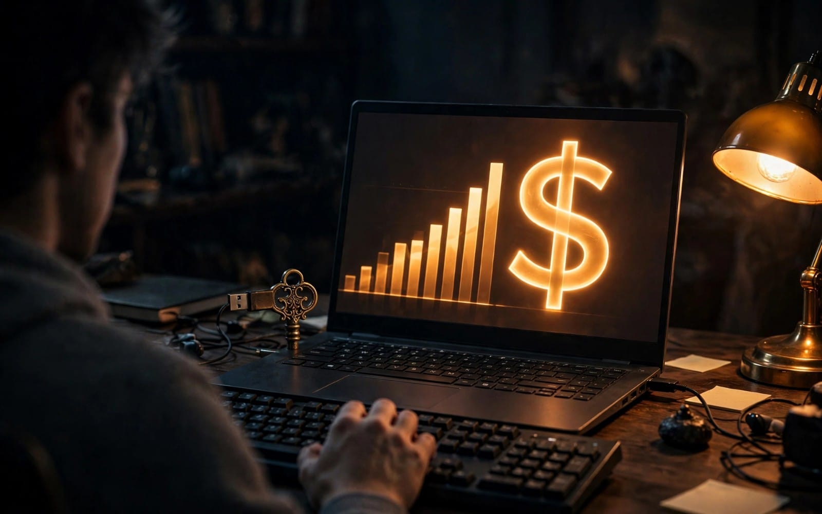 A person typing on a laptop displaying a glowing dollar sign, representing API development and a paid weekend course