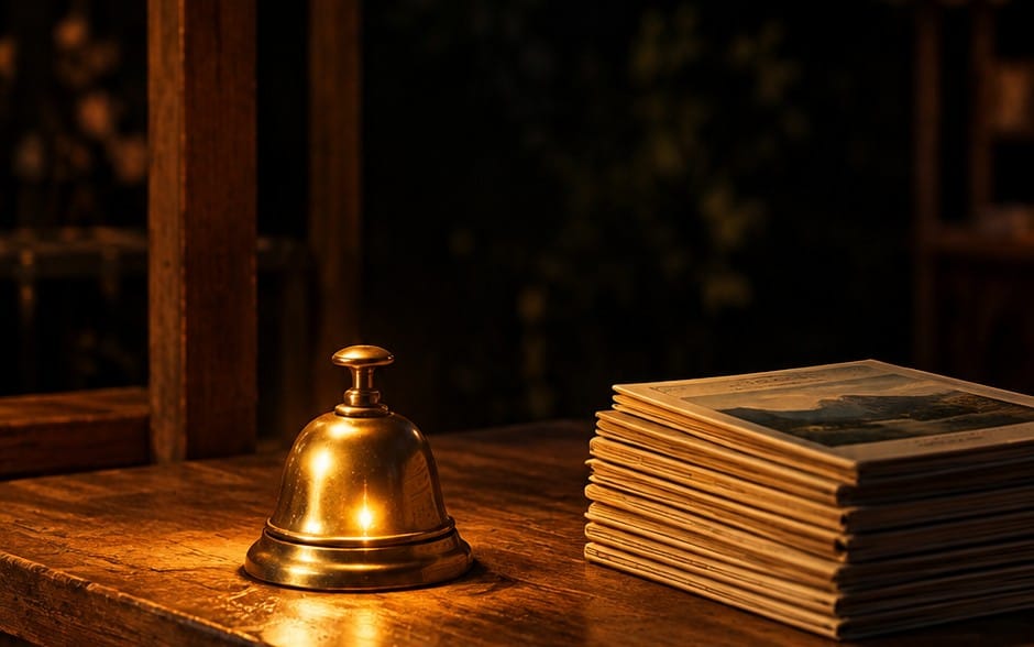 Vintage brass service bell and stacked printed cards on a wooden table for a digital quickstart product