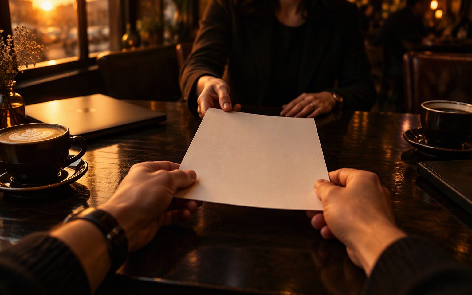 Hands exchanging a blank paper sheet at a cafe, promoting an AI consultant client kit digital download