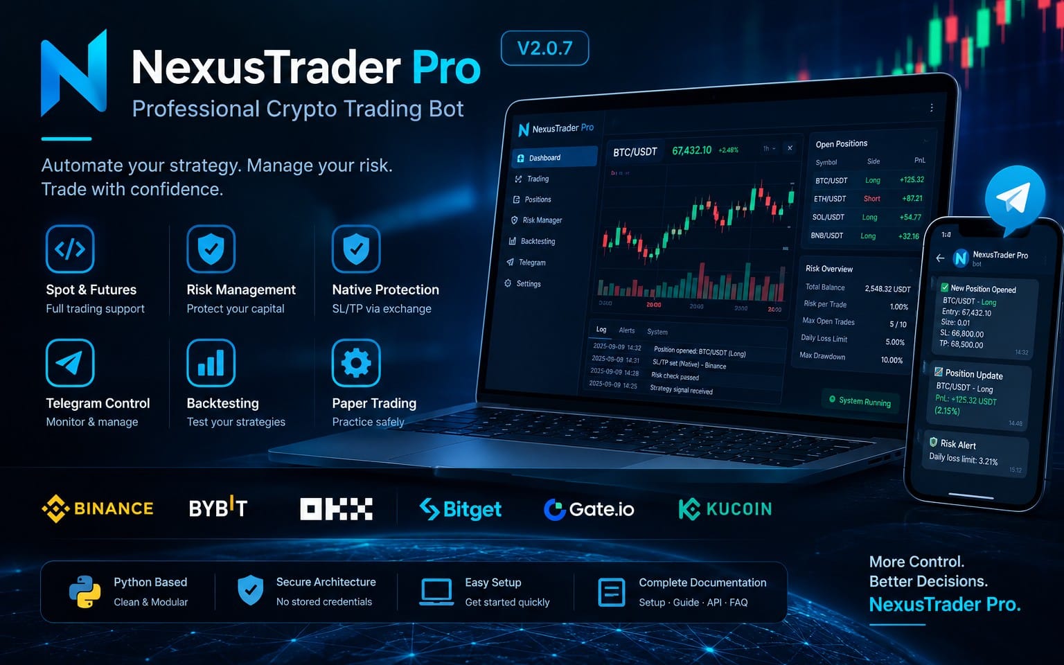 NexusTrader Pro V2.0.7 crypto trading bot promotional banner with laptop UI, charts, and feature icons