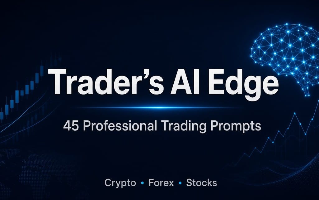 Trader’s AI Edge digital trading prompts banner reading 45 Professional Trading Prompts for crypto forex stocks
