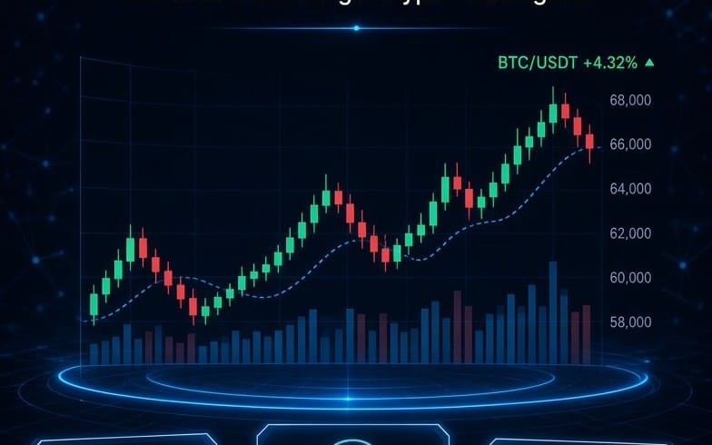 Crypto trading bot dashboard with BTC price candlestick chart, moving line, and volume bars for NexusTrader Pro