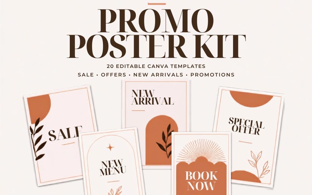 Promotional poster kit preview with 20 editable Canva templates featuring sale offers and new arrival designs