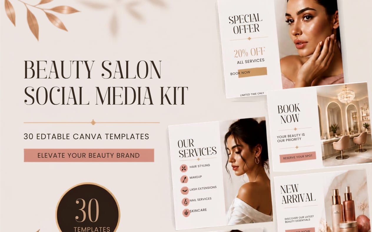 Beauty salon social media promo poster kit with editable Canva templates and featured specials on beige layout