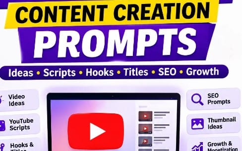 AI Prompt Hub digital content creation prompts banner showing categories like scripts, hooks, SEO and growth