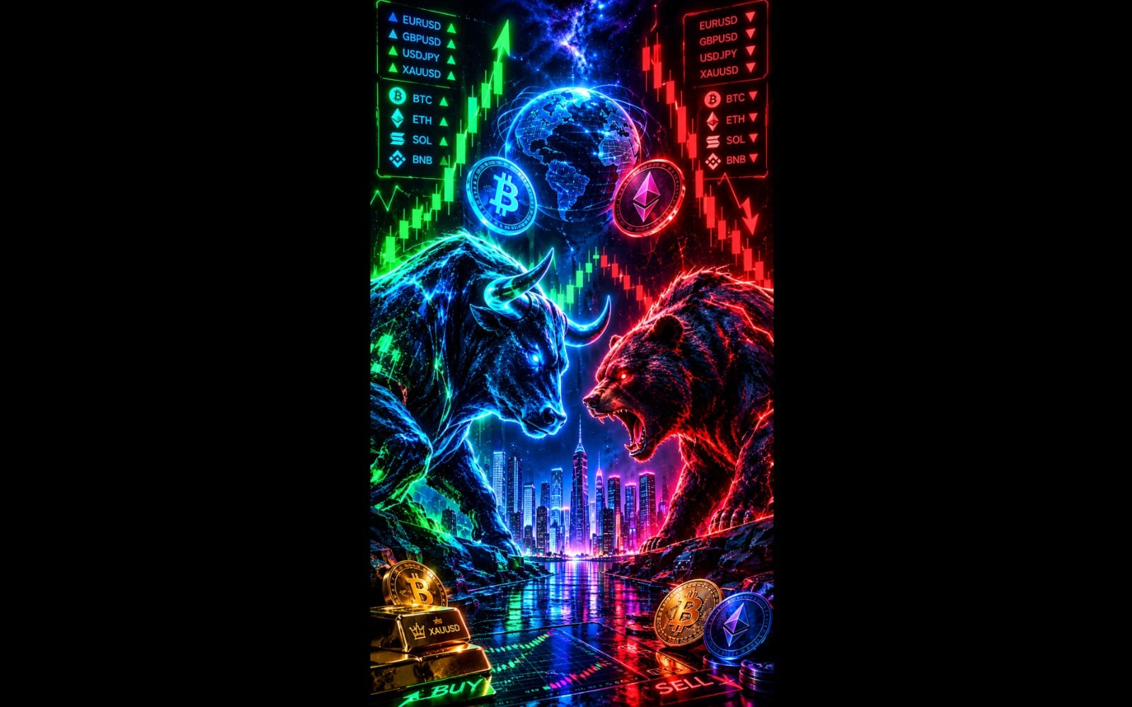 Neon Bull vs Bear Y2K Trading Wallpaper – Crypto & Forex Cyberpunk
