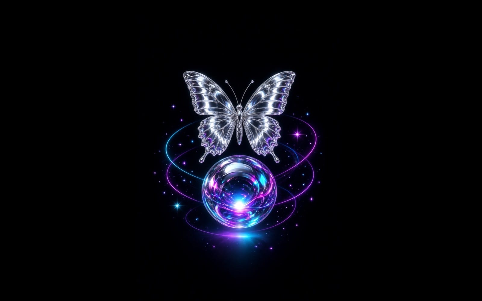 Neon glowing butterfly with swirling multicolor light trails on a dark background digital artwork