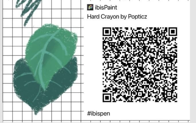IbisPaint hard crayon digital art preview with a QR code and green leaf drawing on a grid background