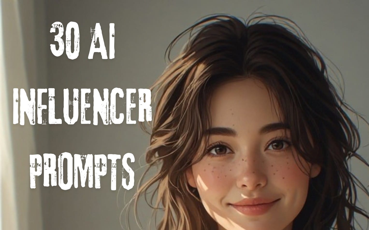 Digital marketing ebook cover with AI influencer prompt text and a stylized female portrait