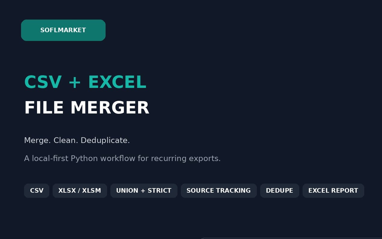 Dark promotional banner for a CSV and Excel file merger Python automation with merge, clean, deduplicate features