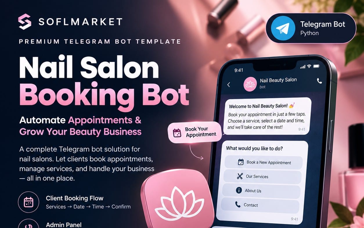 Nail salon Telegram booking bot template showing app appointment flow and admin features on a smartphone screen