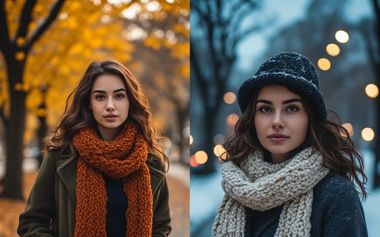 Two seasonal portraits for an AI influencer prompt pack showing fall and winter styles with scarves and hats