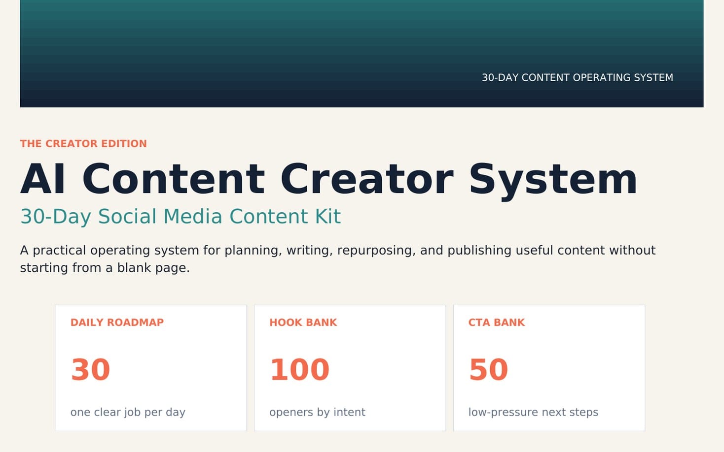 Promotional screenshot for AI Content Creator System 30-day social media content kit with bold headings and stats