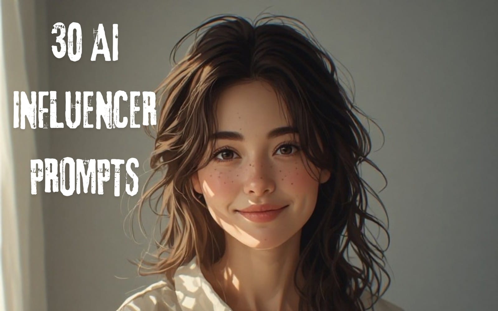 AI influencer prompt system cover with “30 AI INFLUENCER PROMPTS” text and a stylized woman portrait