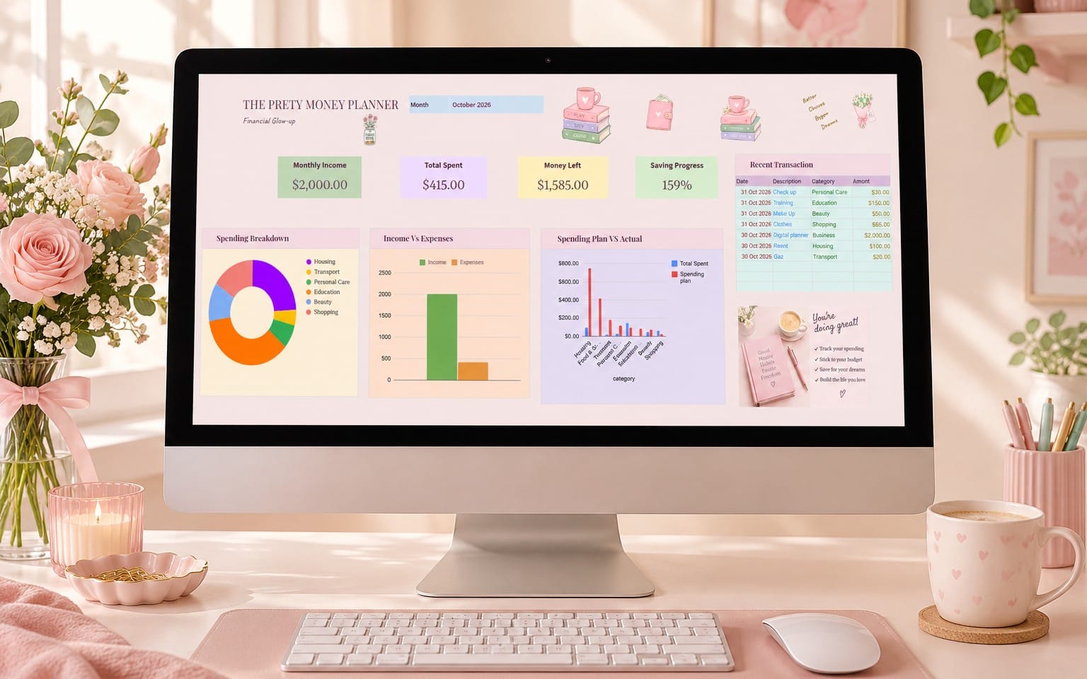 Minimalist financial planner digital dashboard on an iMac screen with charts and budgeting metrics for October 2026