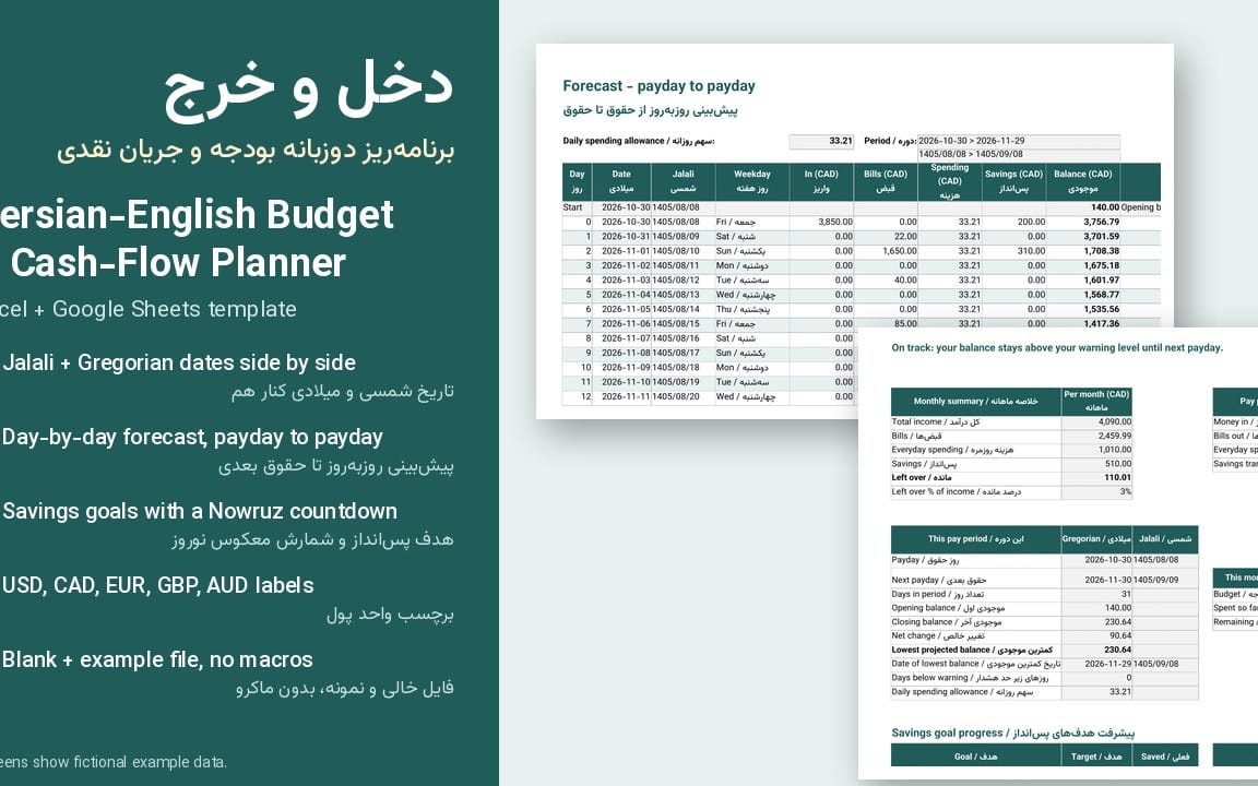Persian-English budget and cash-flow planner spreadsheet template with side-by-side Jalali and Gregorian date tables