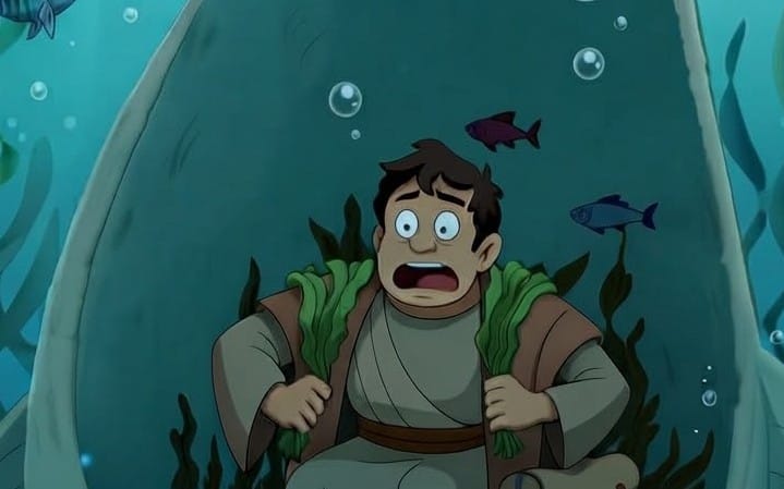 Cartoon character Jonah underwater with fish bubbles, illustrating the Christian digital book Jonah: When God Calls You