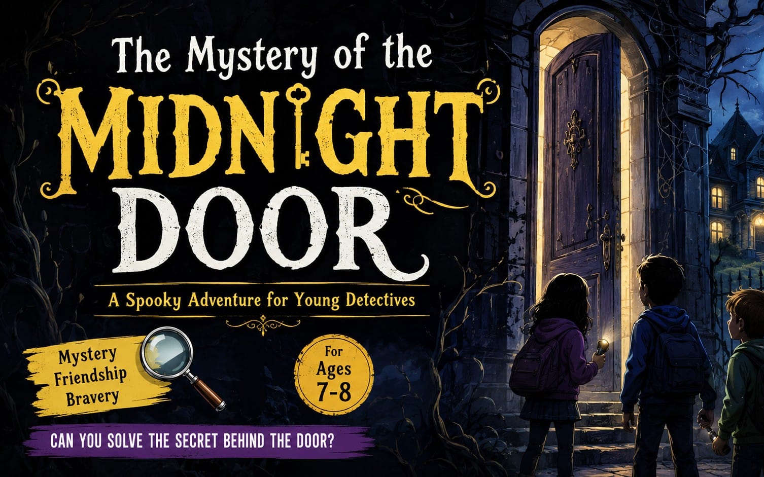 Kids mystery adventure book cover with haunted doorway, magnifying glass, and spooky detective characters, ages 7-8