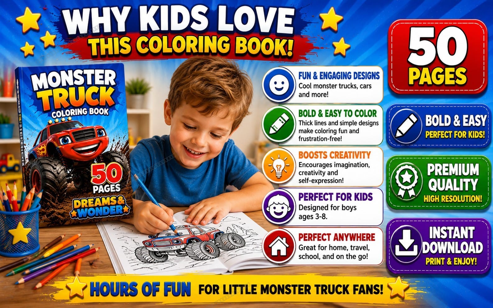 Make Pdf Book Monster Trucks Coloring Book for Kids Ages 3–7 |... | Getly