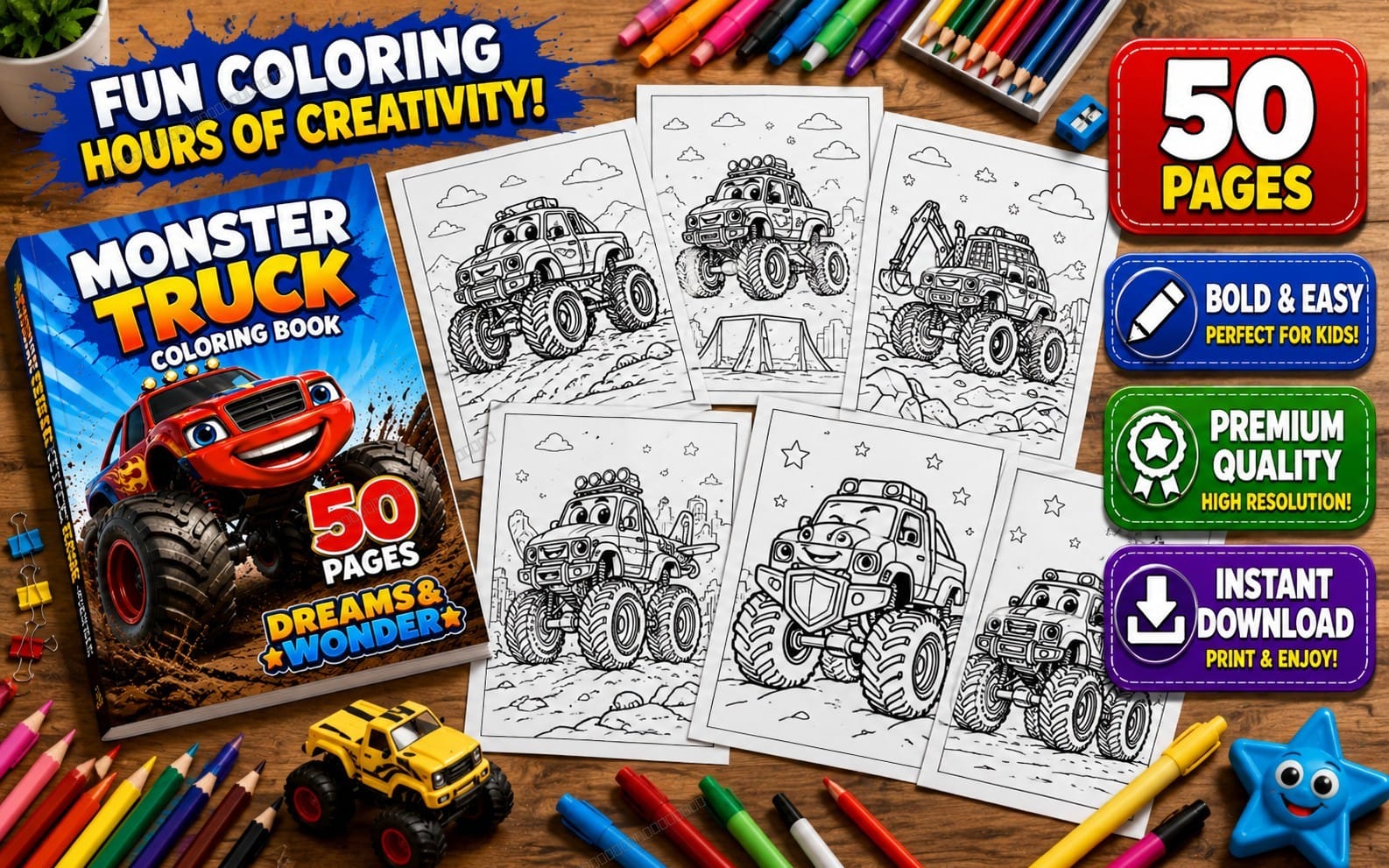 Make Pdf Book Monster Trucks Coloring Book for Kids Ages 3–7 |... | Getly