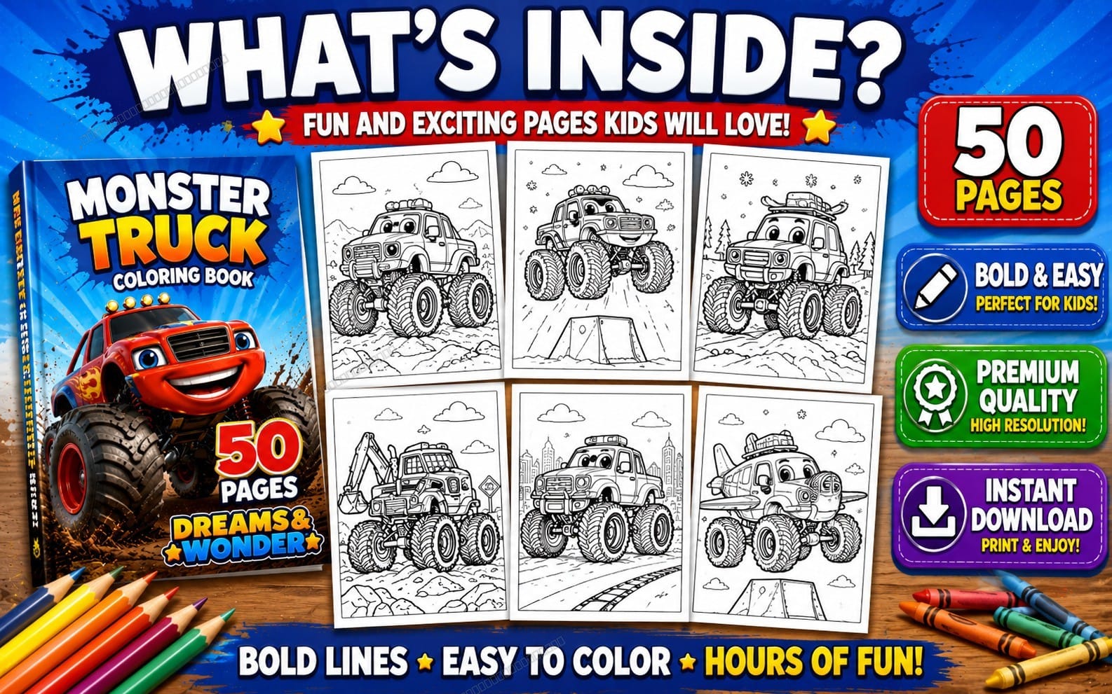 Make Pdf Book Monster Trucks Coloring Book for Kids Ages 3–7 |... | Getly
